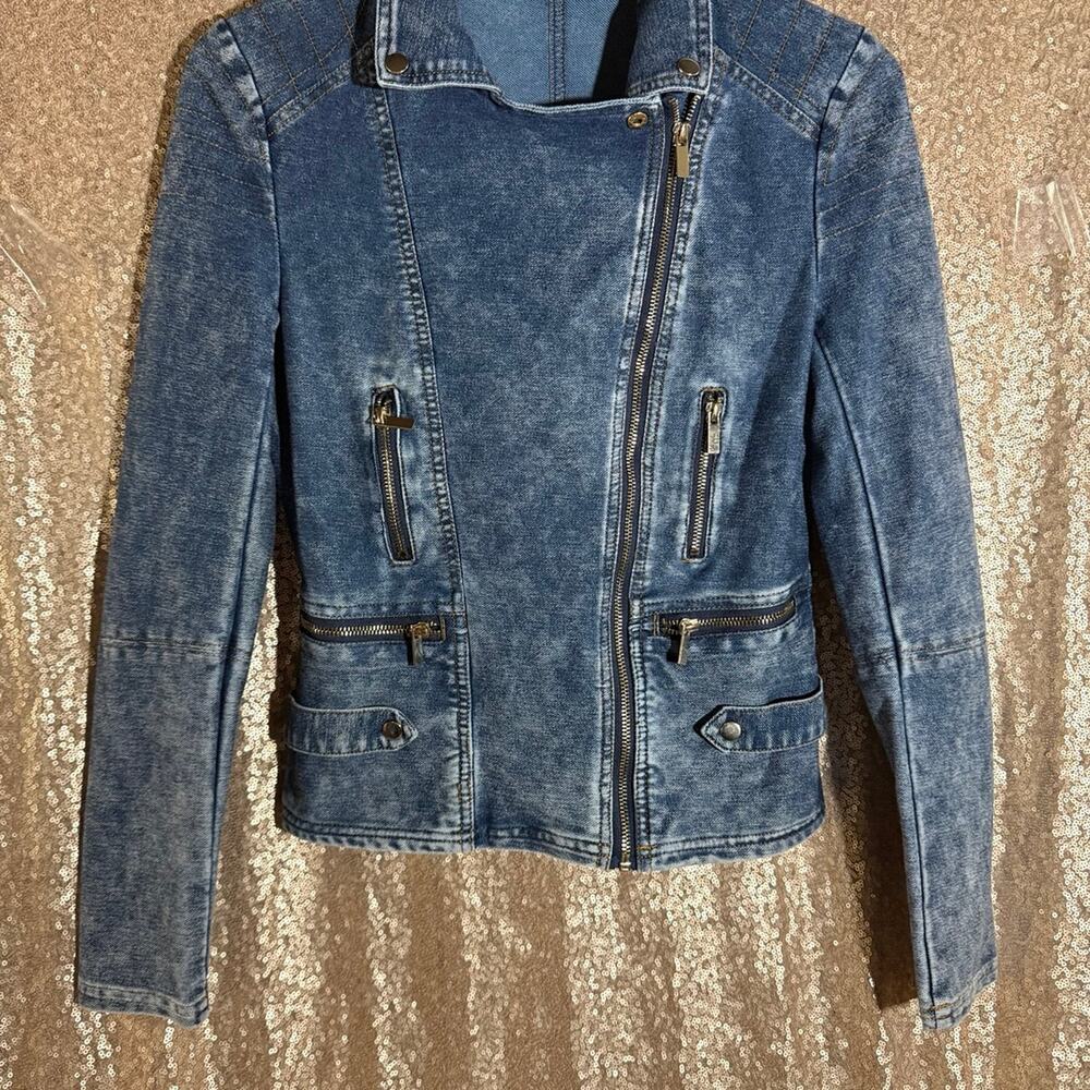 Marilyn Monroe Womens Acid Wash Blue Denim Moto Jacket Asymmetrical Zip Small